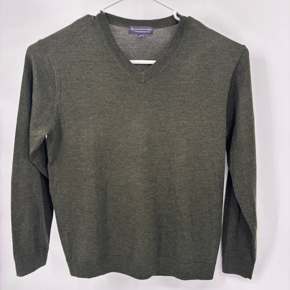 Hart‎ Schaffner Marx Sweater Mens L Green Excellent Merino Wool V-Neck Pullover
